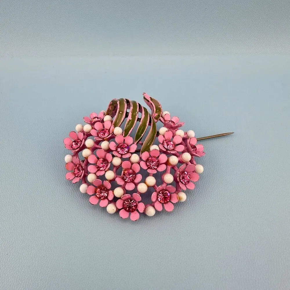 Vintage Rhinestone Flower Brooch Pink Japanned Enamel Floral Spray Bouquet 2